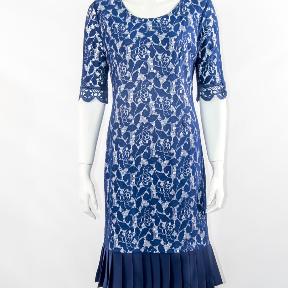 Gorgeous Formal Scallop Crochet Lace Navy Blue Flapper Gatsby Wiggle Dress M L